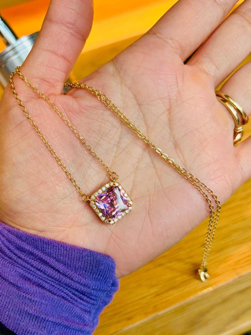 Fancy Gold Tone Necklace featuring a Pink Asscher Cut  cubic zirconia Stone